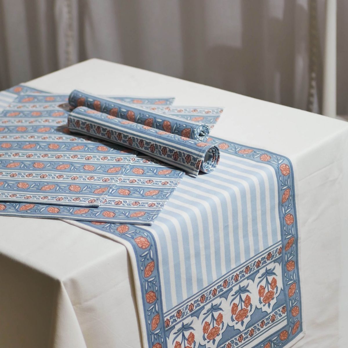 Cotton Dining Table runner and Table Mat in Blue and Dusty Pink | Set of 4 and 6