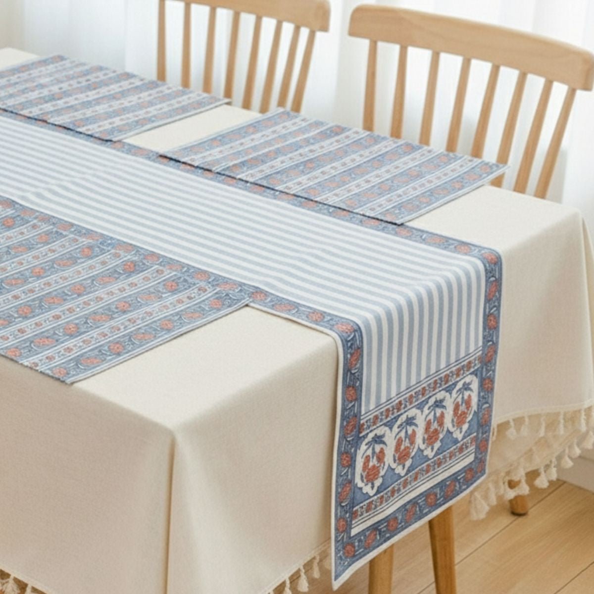 Cotton Dining Table runner and Table Mat in Blue and Dusty Pink | Set of 4 and 6