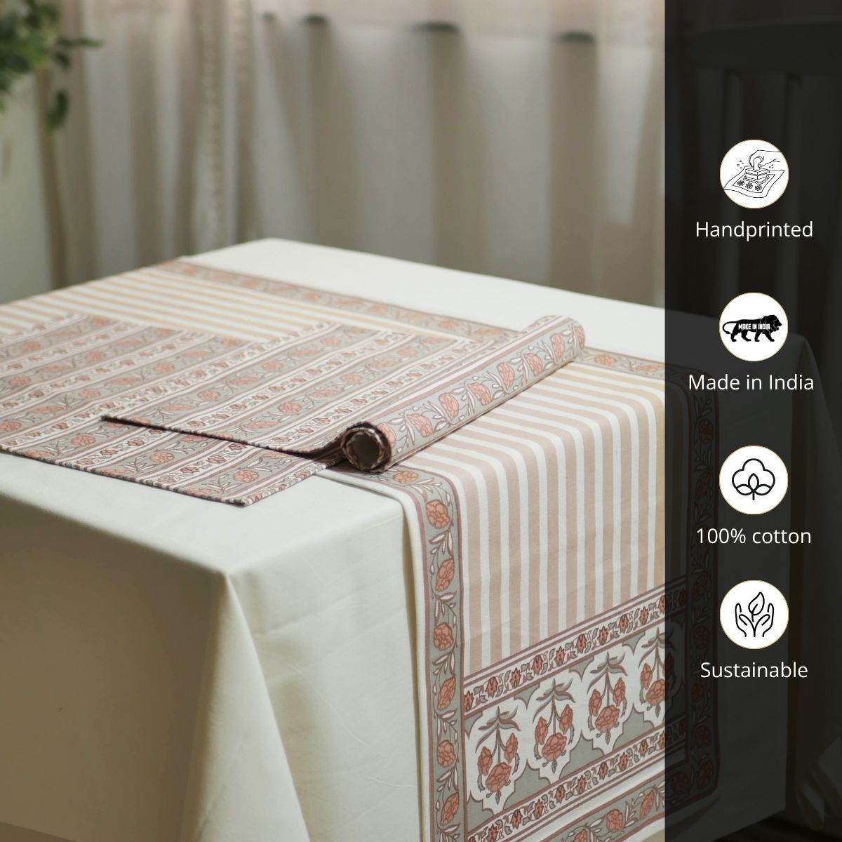 Cotton Dining Table runner and Table Mat in Dusty Pink and Off-white | Set of 4 and 6