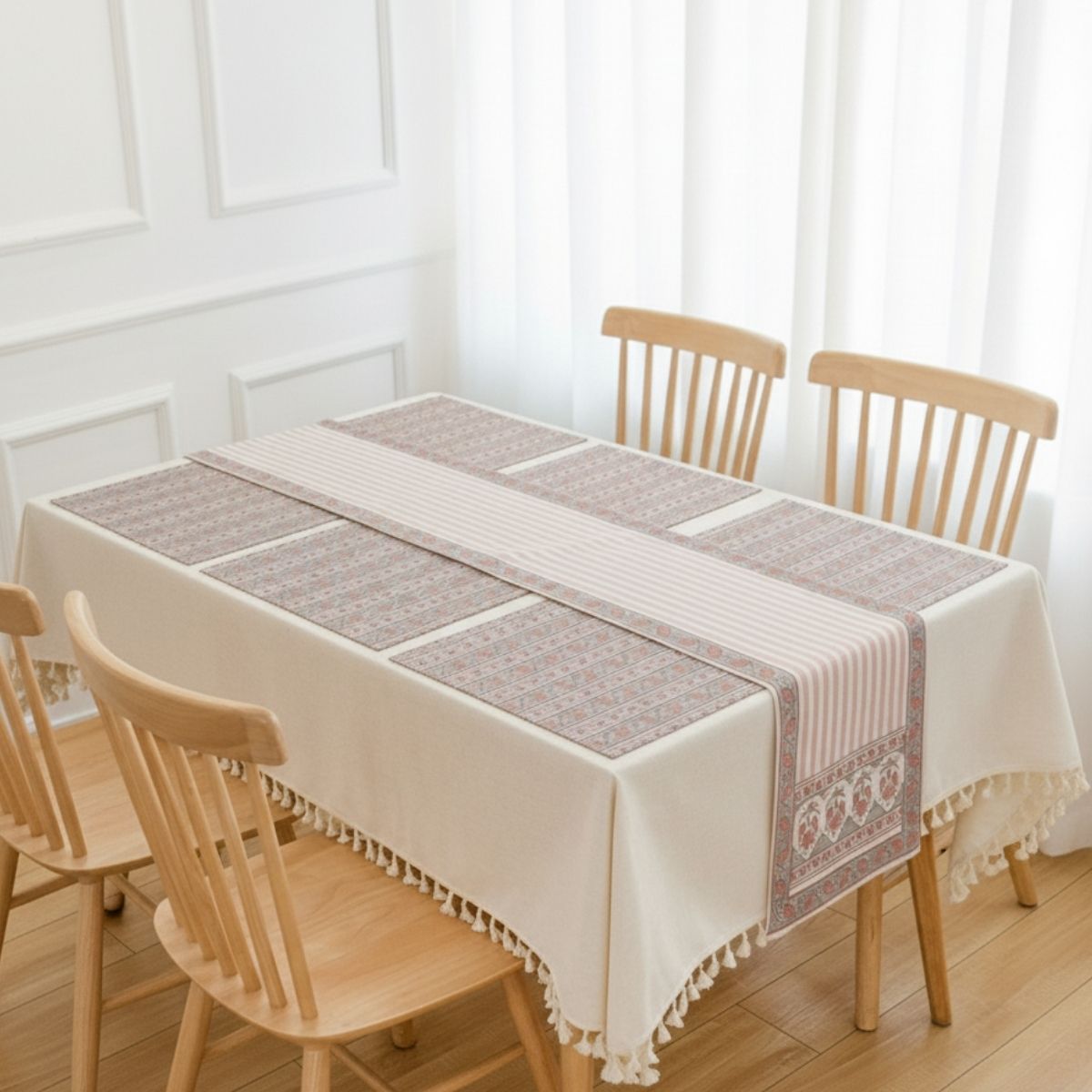 Cotton Dining Table runner and Table Mat in Dusty Pink and Off-white | Set of 4 and 6