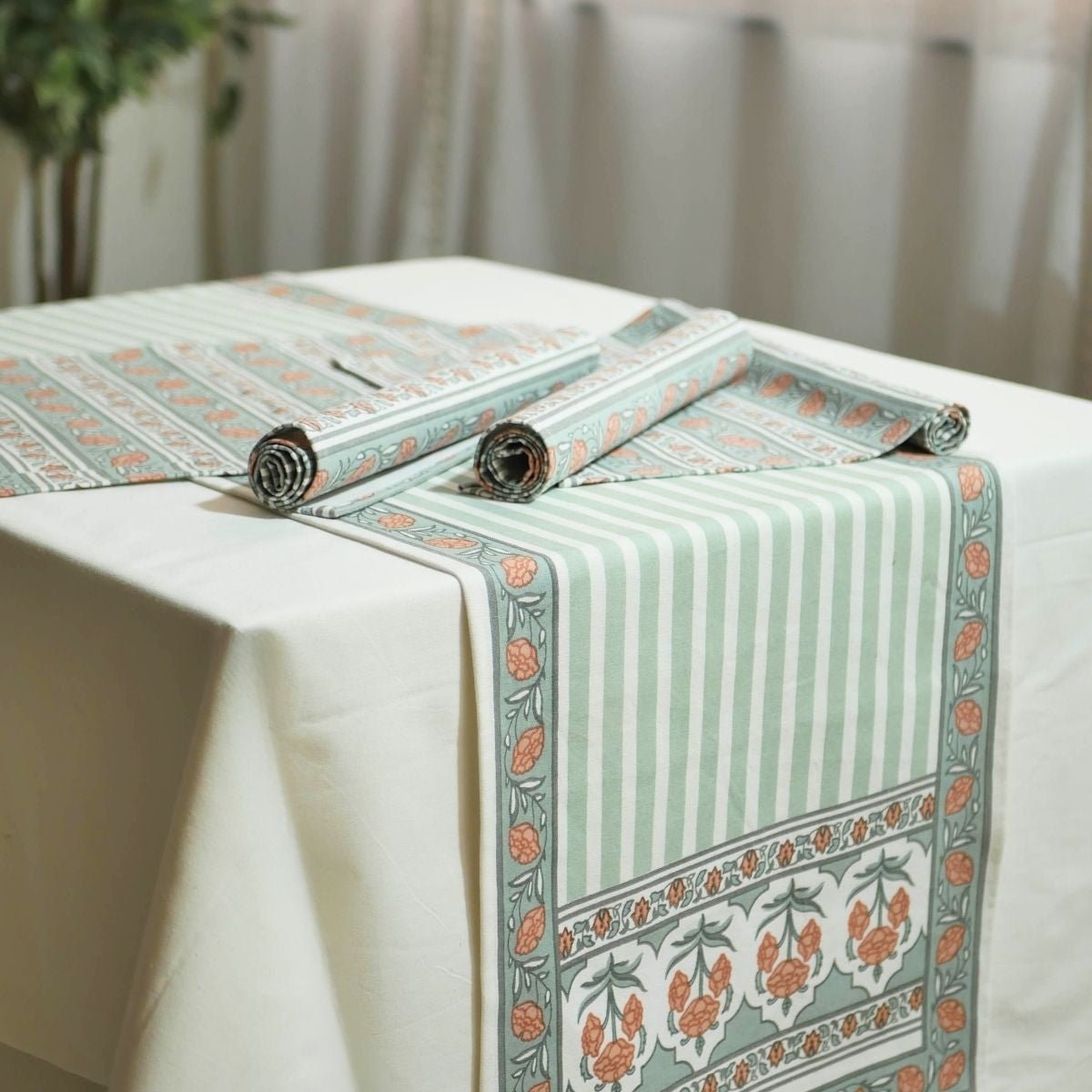 Cotton Dining Table runner and Table Mat in Green and Dusty Pink | Set of 4 and 6