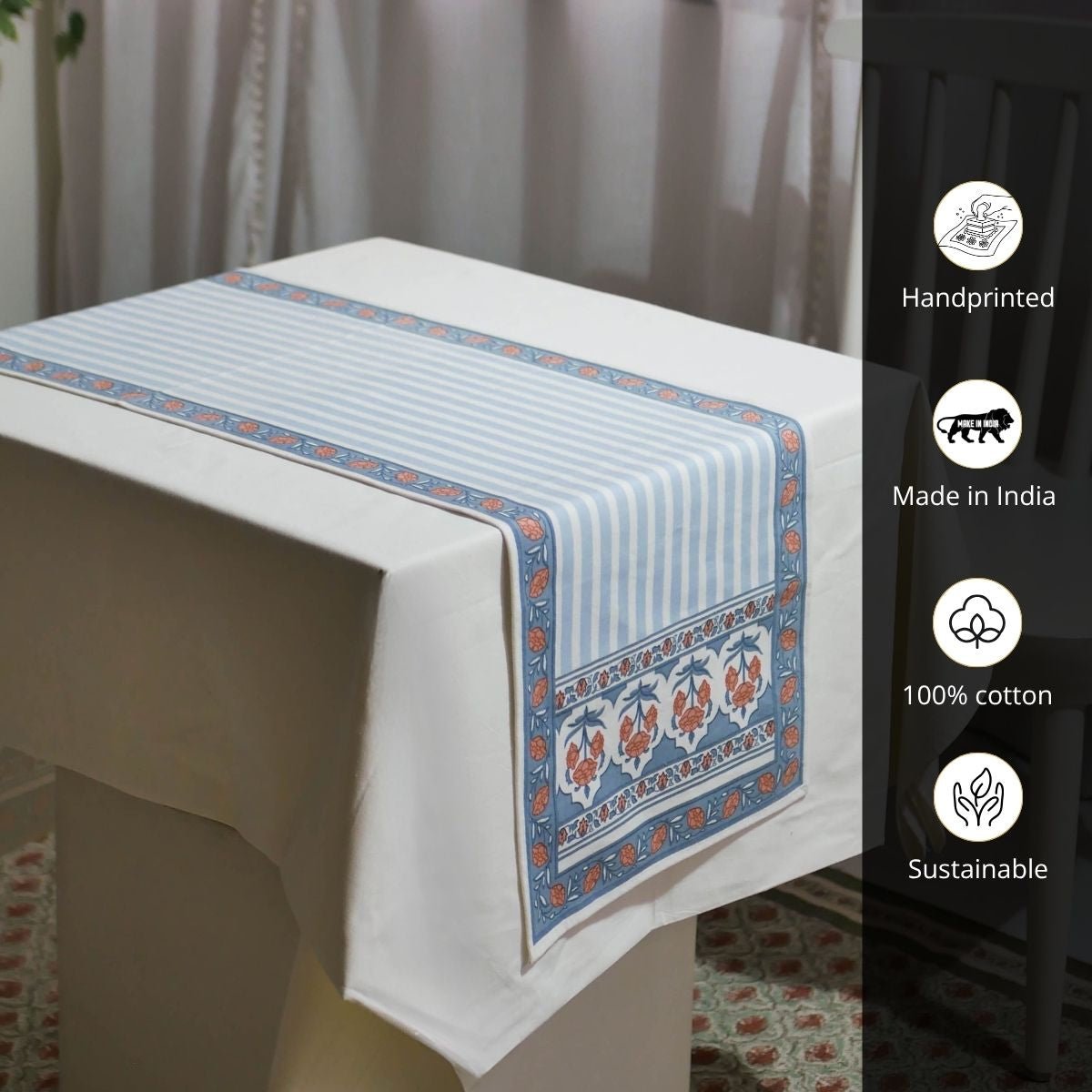 Cotton Table runner in Blue and Dusty Pink | 4 and 6 Seater