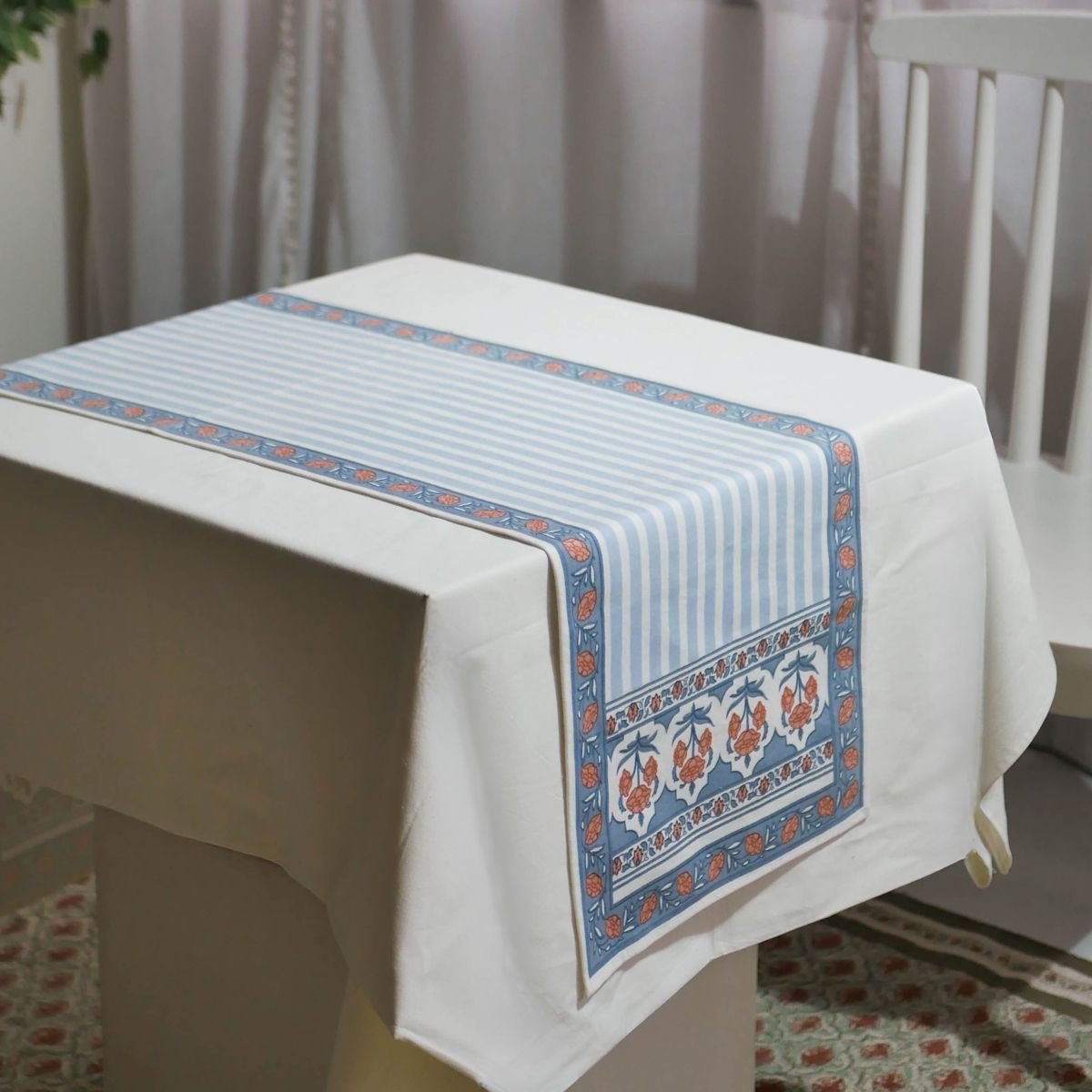 Cotton Table runner in Blue and Dusty Pink | 4 and 6 Seater