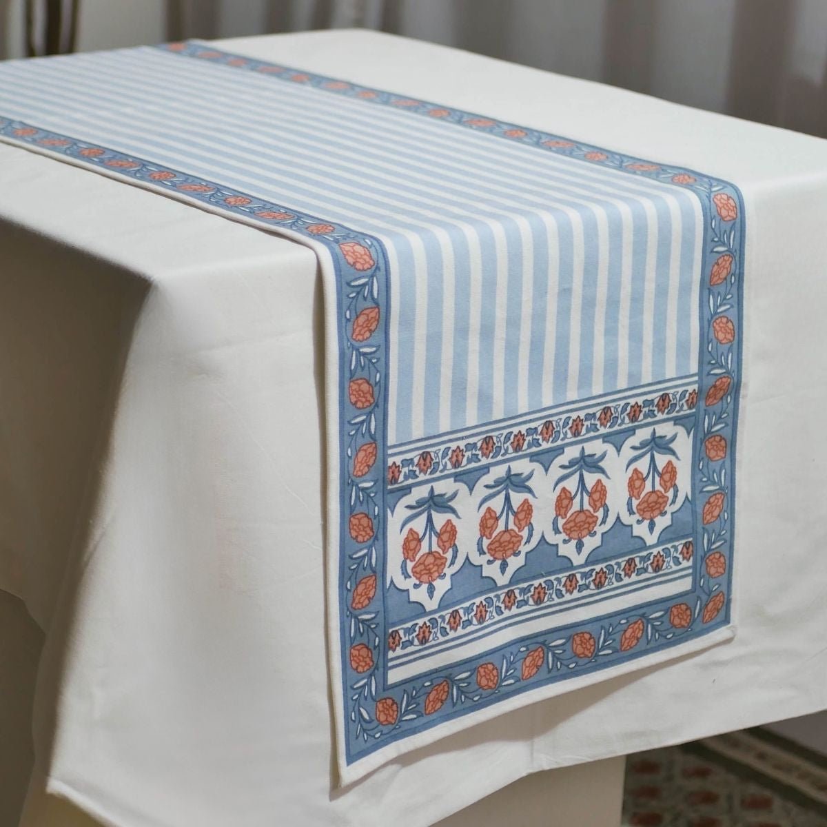 Cotton Table runner in Blue and Dusty Pink | 4 and 6 Seater