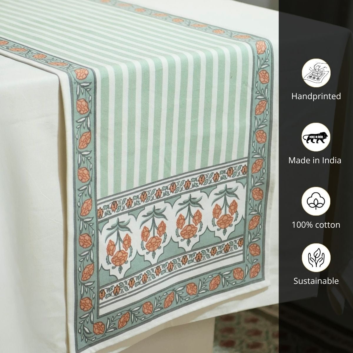 Cotton Table runner in Green and Dusty Pink | 4 and 6 Seater