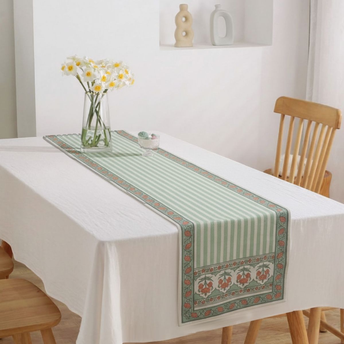 Cotton Table runner in Green and Dusty Pink | 4 and 6 Seater