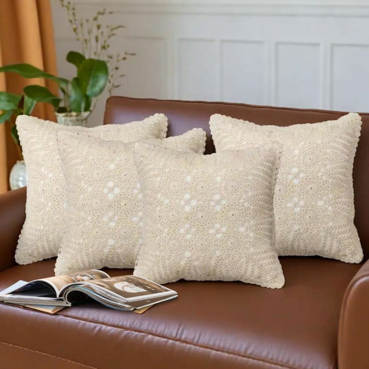 Crochet Cushion Cover made with Pure Cotton In White | 16 x 16 inch| Single or Combos available