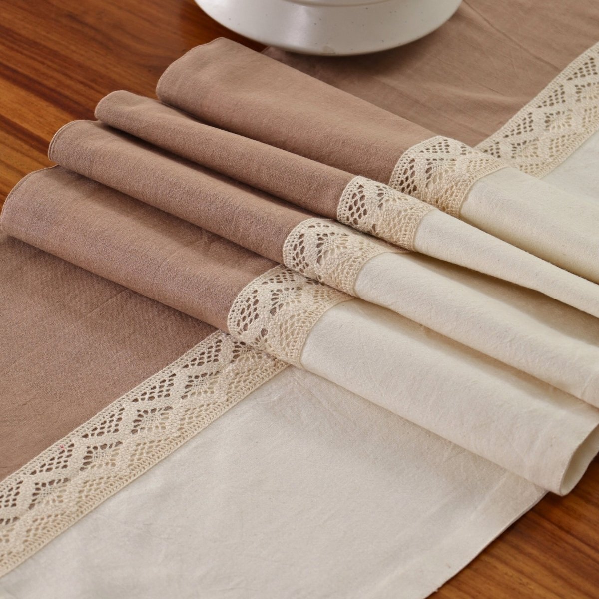 Crochet Table Runner in Pure Cotton Taupe and Off White 14 by 60 inches Taupe and Off White