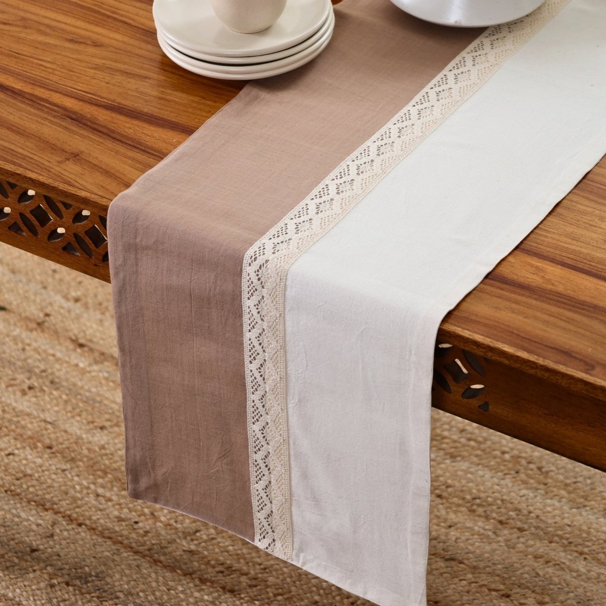 Crochet Table Runner in Pure Cotton Taupe and Off White 14 by 60 inches Taupe and Off White