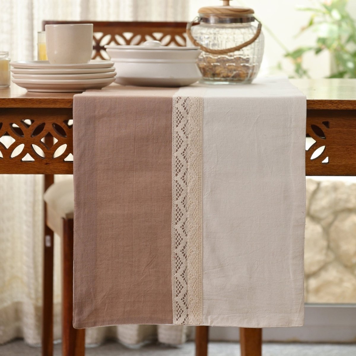Crochet Table Runner in Pure Cotton | Taupe and Off White | 14 by 60 inches| Taupe and Off White