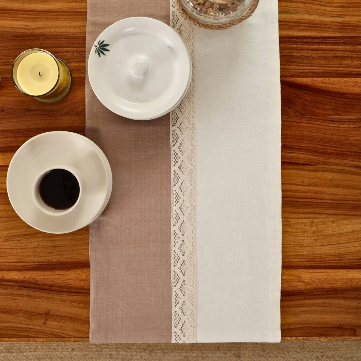 Crochet Table Runner in Pure Cotton | Taupe and Off White | 14 by 60 inches| Taupe and Off White
