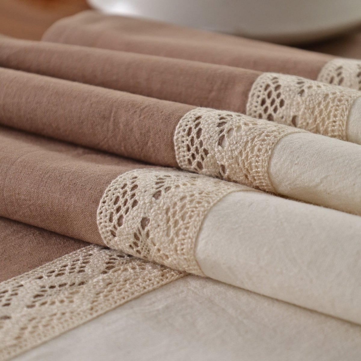 Crochet Table Runner in Pure Cotton Taupe and Off White 14 by 60 inches Taupe and Off White