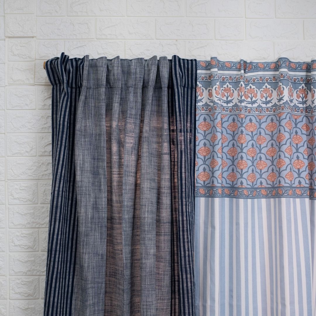 Pure Cotton Sheer Curtains Dusty Pink & Blue | Peepul Tree 7ft | Set of 3 curtains