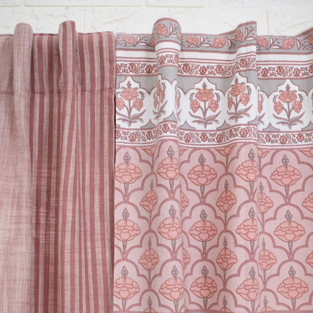 Pure Cotton Opaque Curtains Dusty Pink & Off White | Peepul Tree | 7ft | Best curtain for living room
