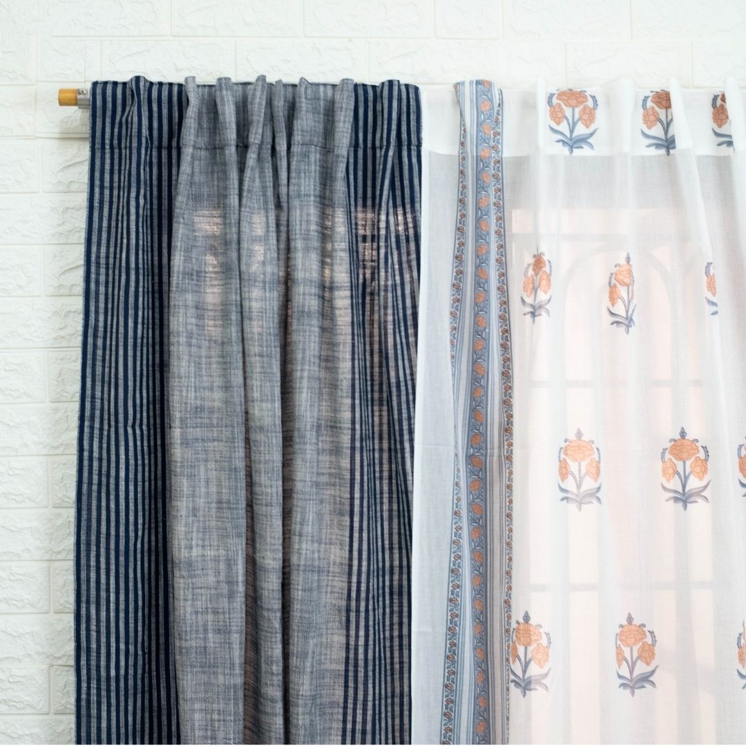 Pure Cotton Sheer Curtains Dusty Pink & Blue | Peepul Tree 7ft and 8ft| Set of 3 curtains
