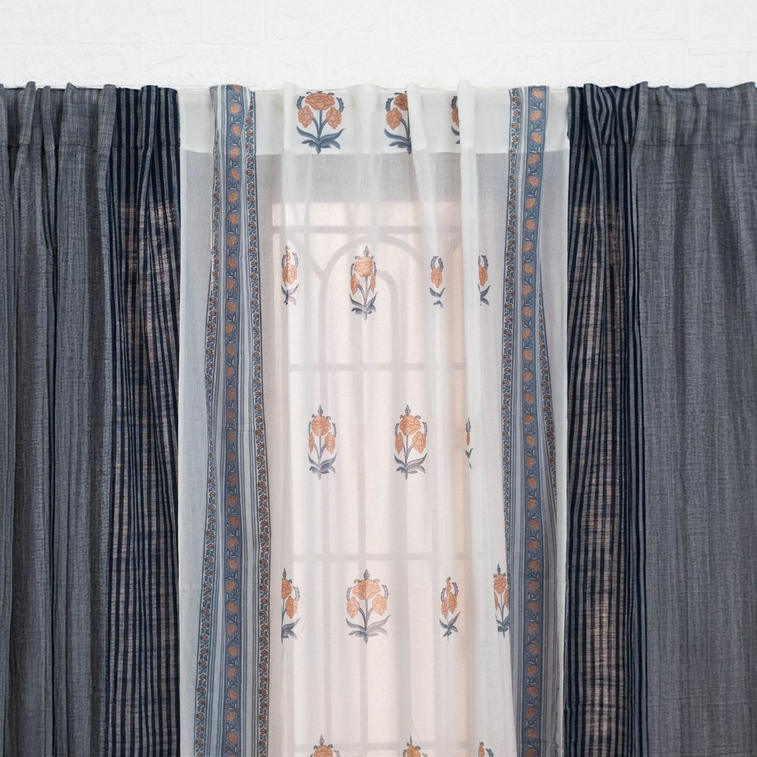 Pure Cotton Sheer Curtains Dusty Pink & Blue | Peepul Tree 7ft and 8ft| Set of 3 curtains