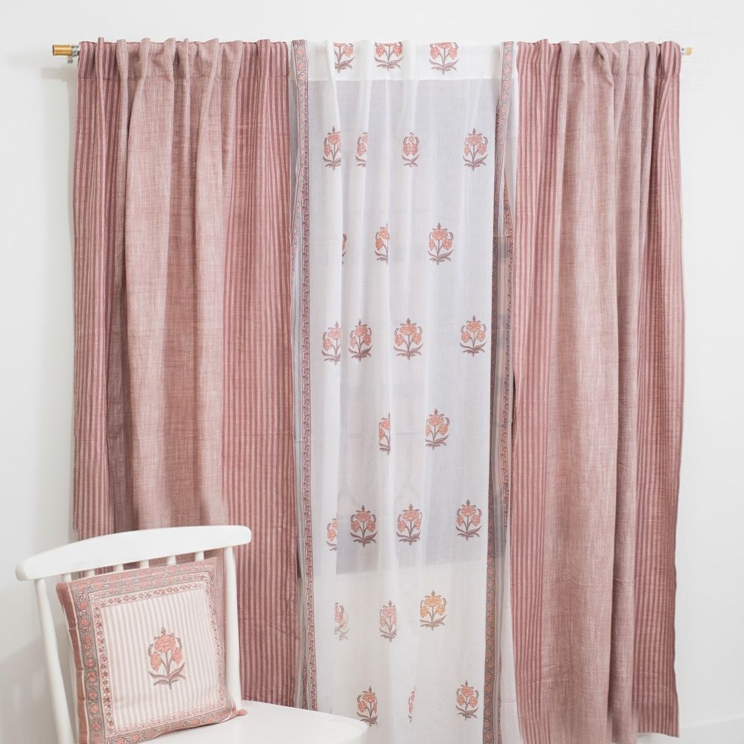 Pure Cotton Sheer Curtains Dusty Pink & Off White | Peepul Tree | 7ft and 8ft | Set of 3 | Best curtain for your living room