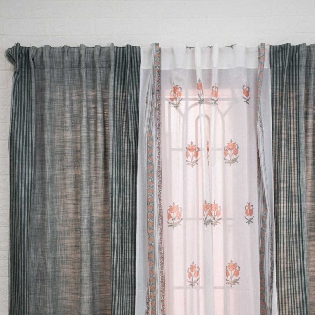 Pure Cotton Sheer Curtains Dusty Pink & Green | Peepul Tree 7ft. and 8ft. | Set of 3 curtains