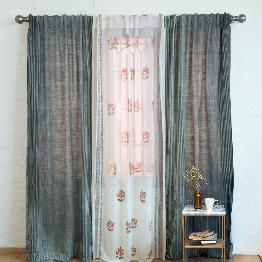 Pure Cotton Sheer Curtains Dusty Pink & Green | Peepul Tree 7ft. and 8ft. | Set of 3 curtains