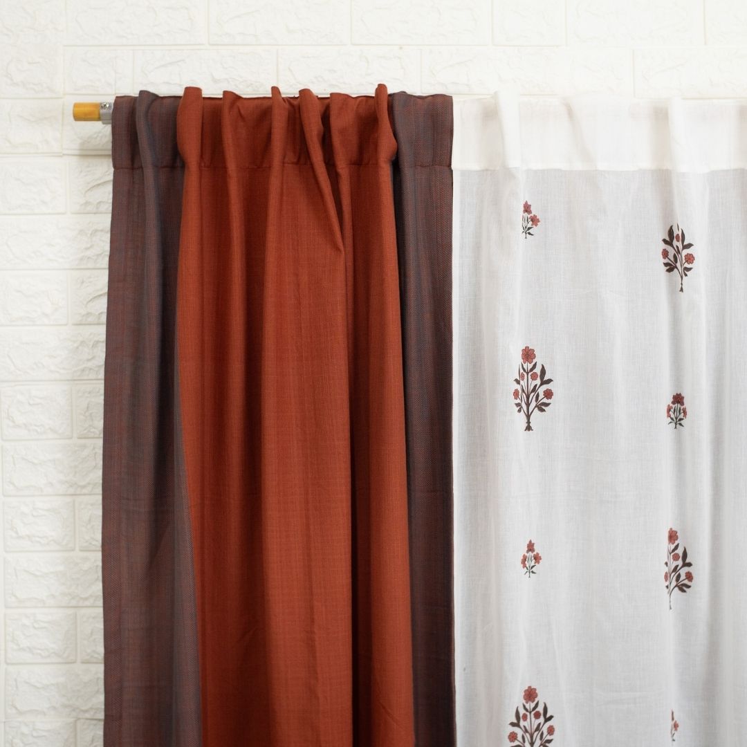 Cotton Sheer Curtains Rust & Maroon | Peepul Tree | Set of 3 Curtains | Best for home decor