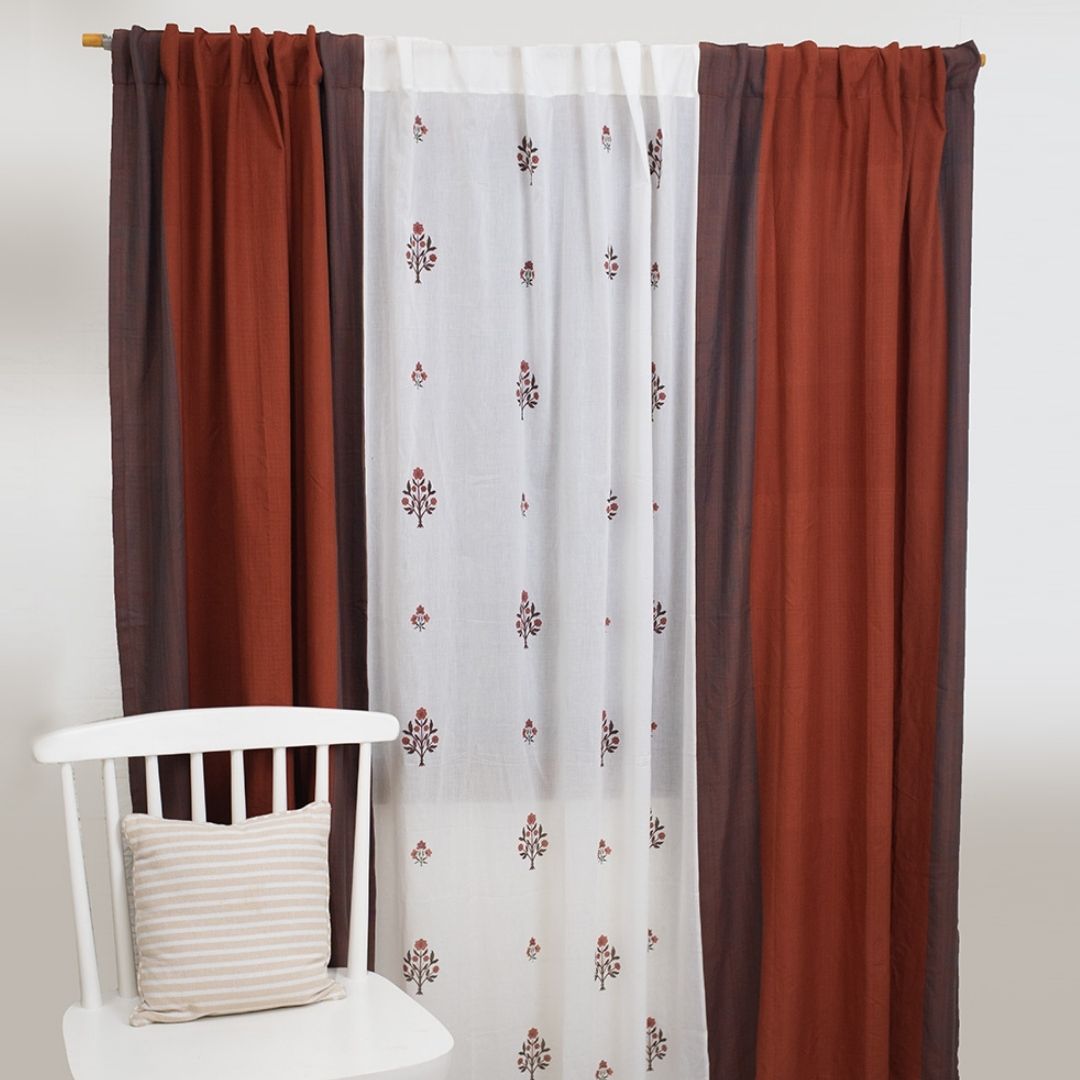 Cotton Sheer Curtains Rust & Maroon | Peepul Tree | Set of 3 Curtains | Best for home decor