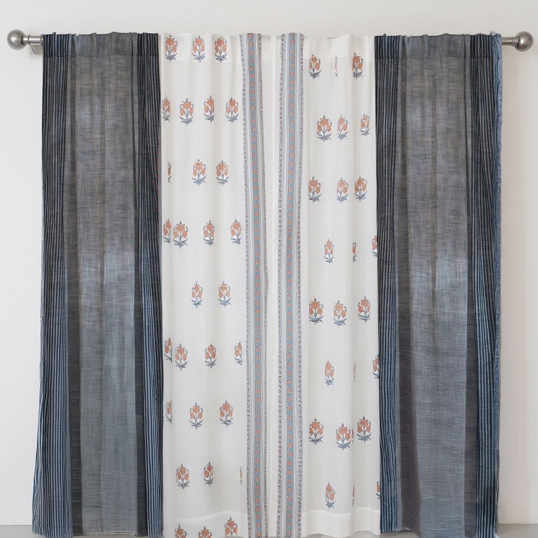 Pure Cotton Sheer Curtains Dusty Pink & Blue | Peepul Tree 7ft. and 8ft. | Set of 3 curtains