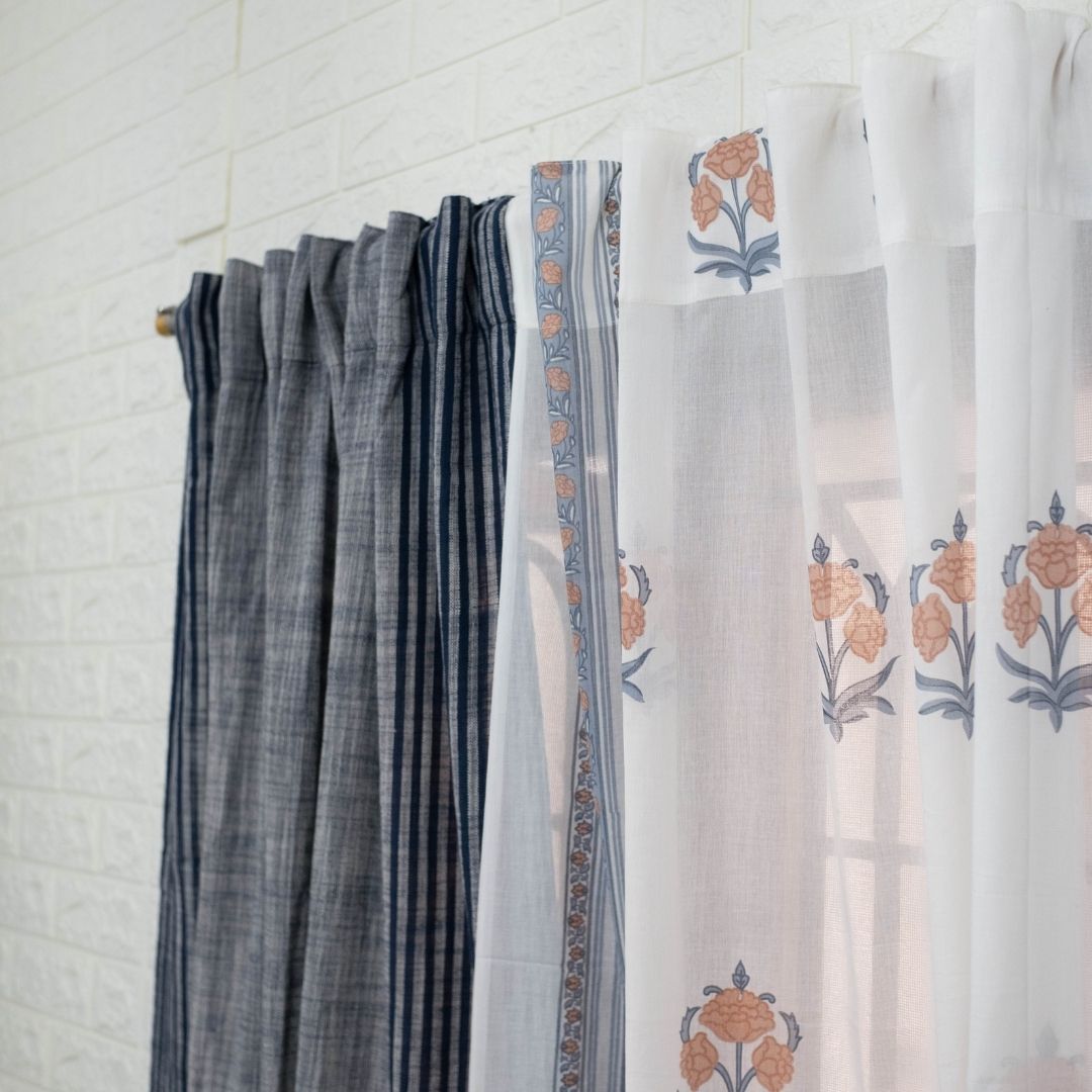 Pure Cotton Sheer Curtains Dusty Pink & Blue | Peepul Tree 7ft. and 8ft. | Set of 3 curtains