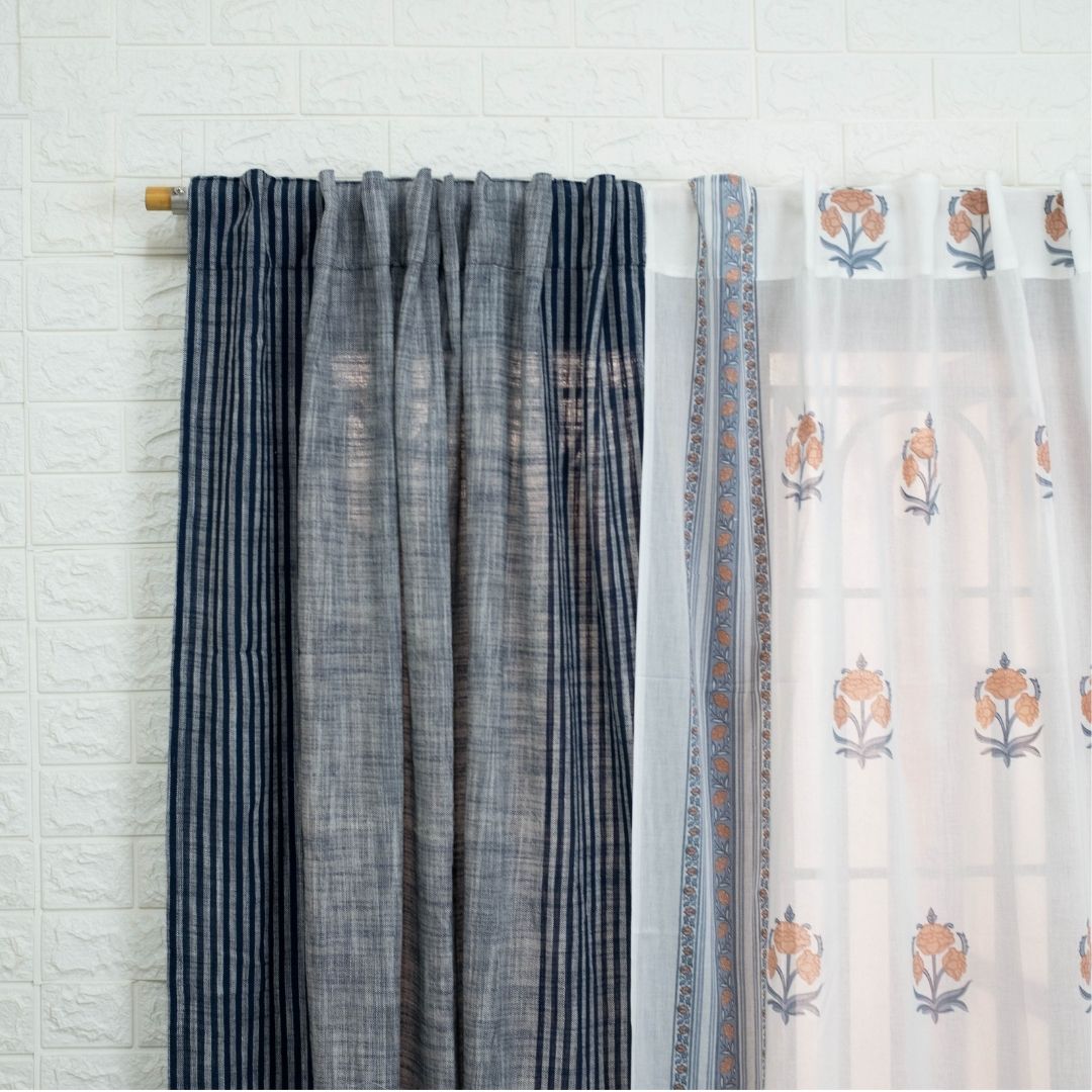 Pure Cotton Sheer Curtains Dusty Pink & Blue | Peepul Tree 7ft. and 8ft. | Set of 3 curtains