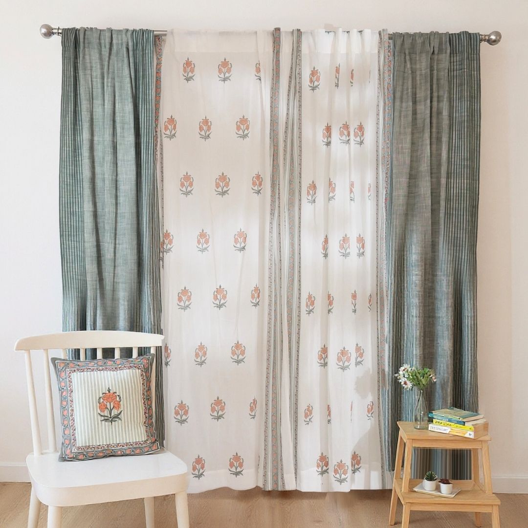 Pure Cotton Sheer Curtains Dusty Pink & Green | Peepul Tree | 7ft and 8ft | Set of 4 curtain | Best curtains for living room