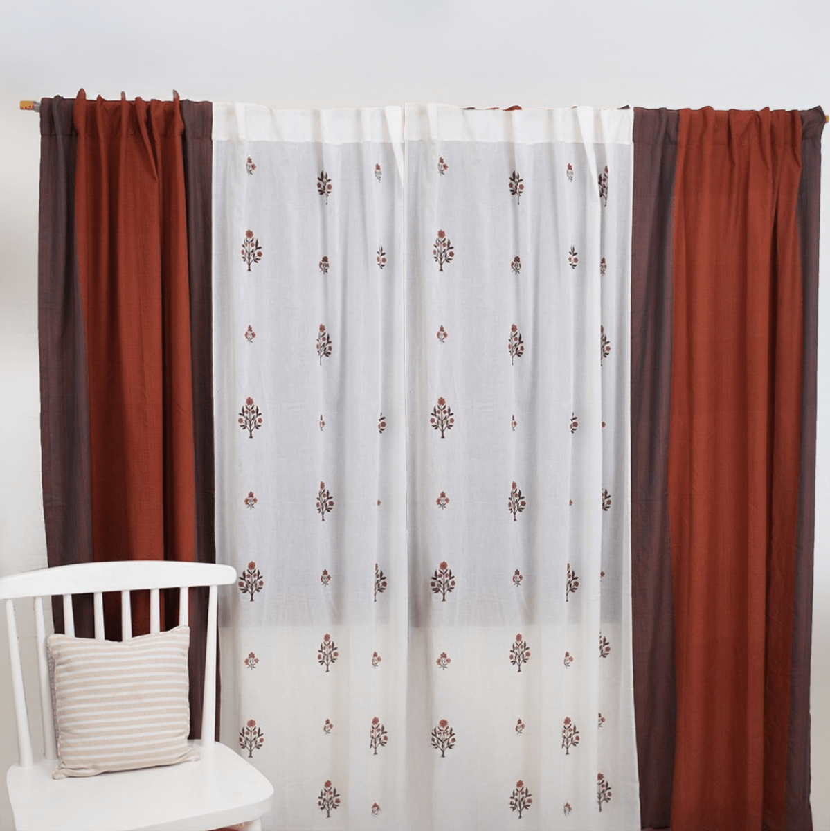 Cotton Sheer Curtains Rust & Maroon | Peepul Tree | Set of 4 Curtains | Best for home decor