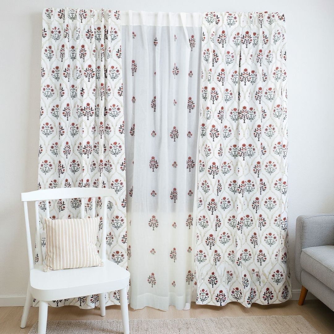 Cotton Sheer Curtains Rust & Maroon | Peepul Tree | Set of 3 Curtains | Best for home decor