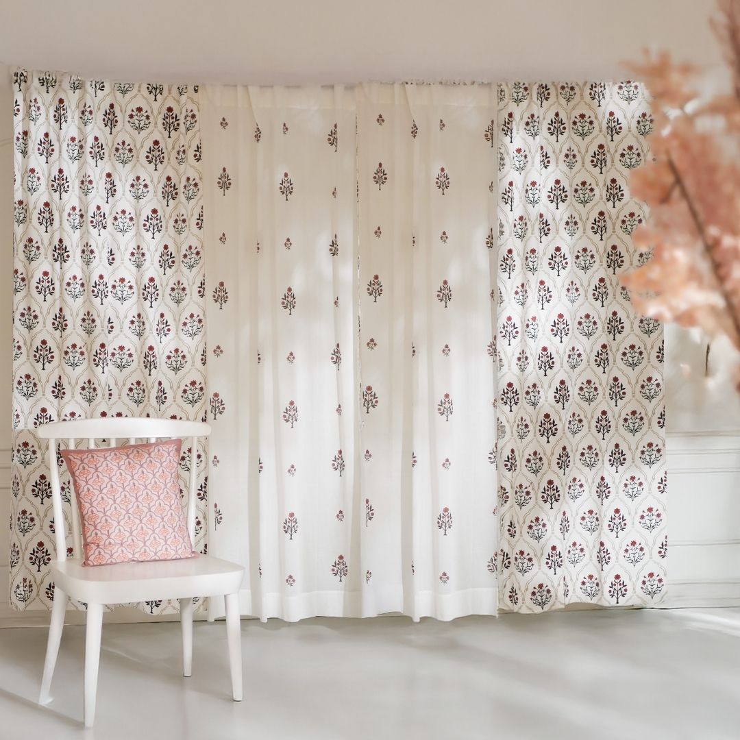 Cotton Sheer Curtains Rust & Maroon | Peepul Tree | Set of 4 Curtains | Best for home decor
