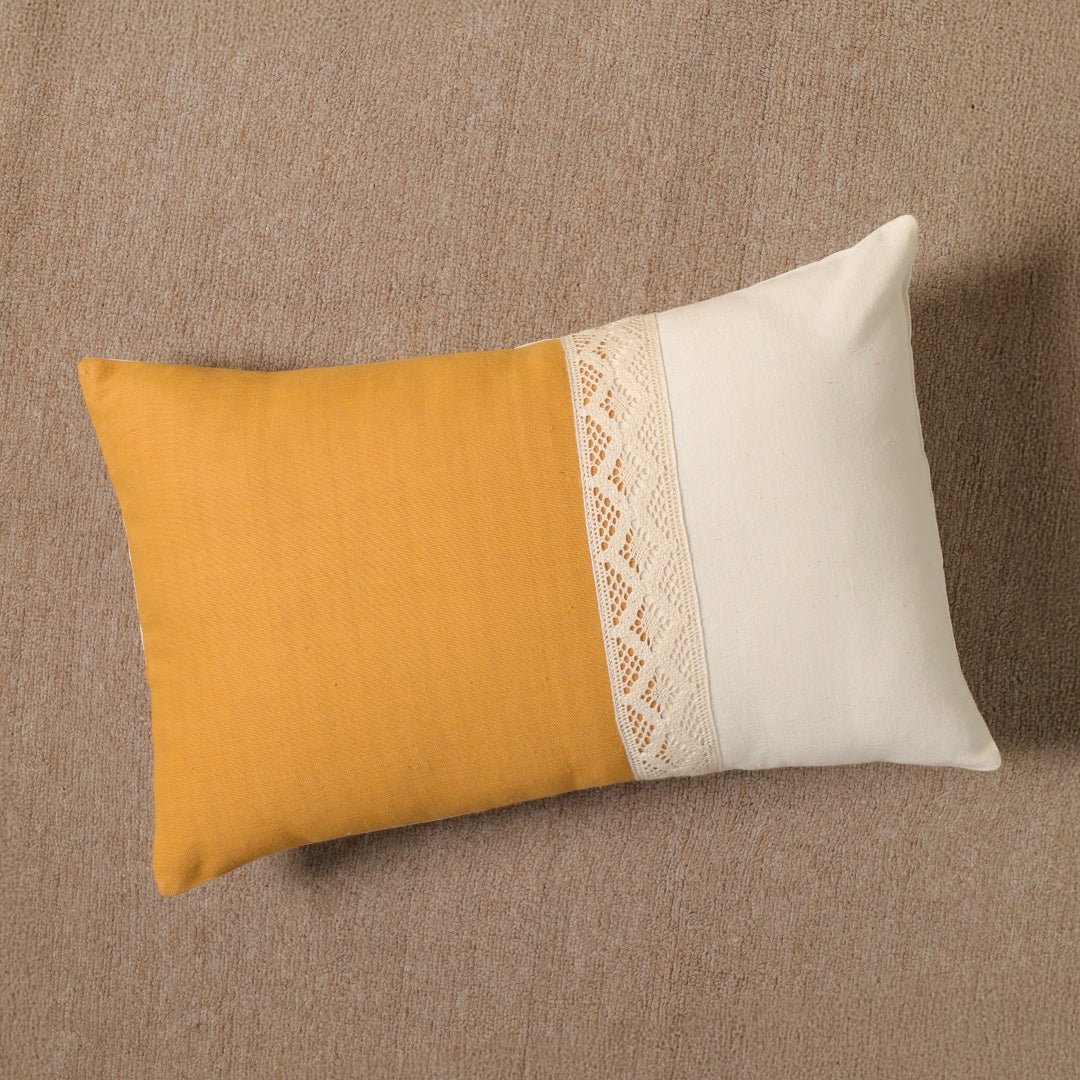 Rectangular Cushion Cover in Mustard and Off White | Pure Cotton with Crochet Detailing with Flap | 12 x 18 inch | Single or Combo Pack Available