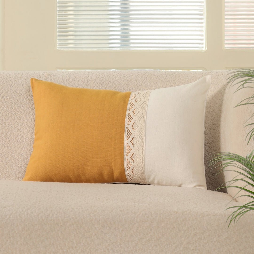 Rectangular Cushion Cover in Mustard and Off White | Pure Cotton with Crochet Detailing with Flap | 12 x 18 inch | Single or Combo Pack Available