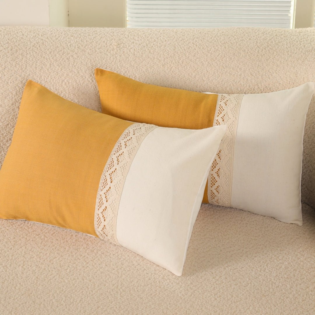 Rectangular Pure Cotton Crochet Cushion Cover in Mustard and Off White | Set of 1 and 2