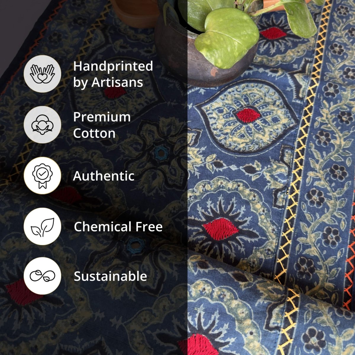 Blockprinted Cotton Dining Table Runner in Indigo & Green | 6 Seater
