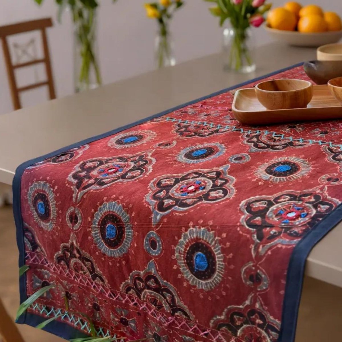 Blockprinted Cotton Dining Table Runner in Red & Black | 6 Seater