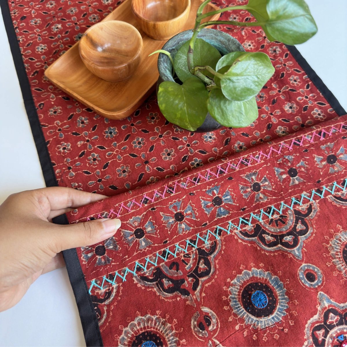 Blockprinted Cotton Dining Table Runner in Red & Black | 6 Seater