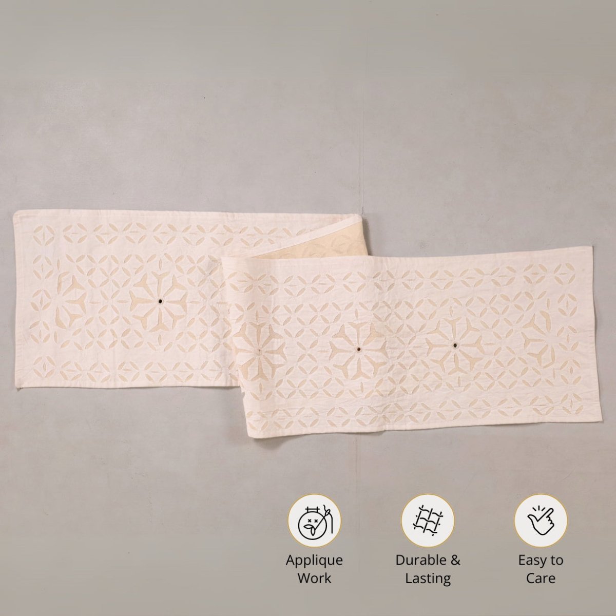Dining Table Runner In Lily White Applique Cutwork Cotton With Mirrors | 6 Seater