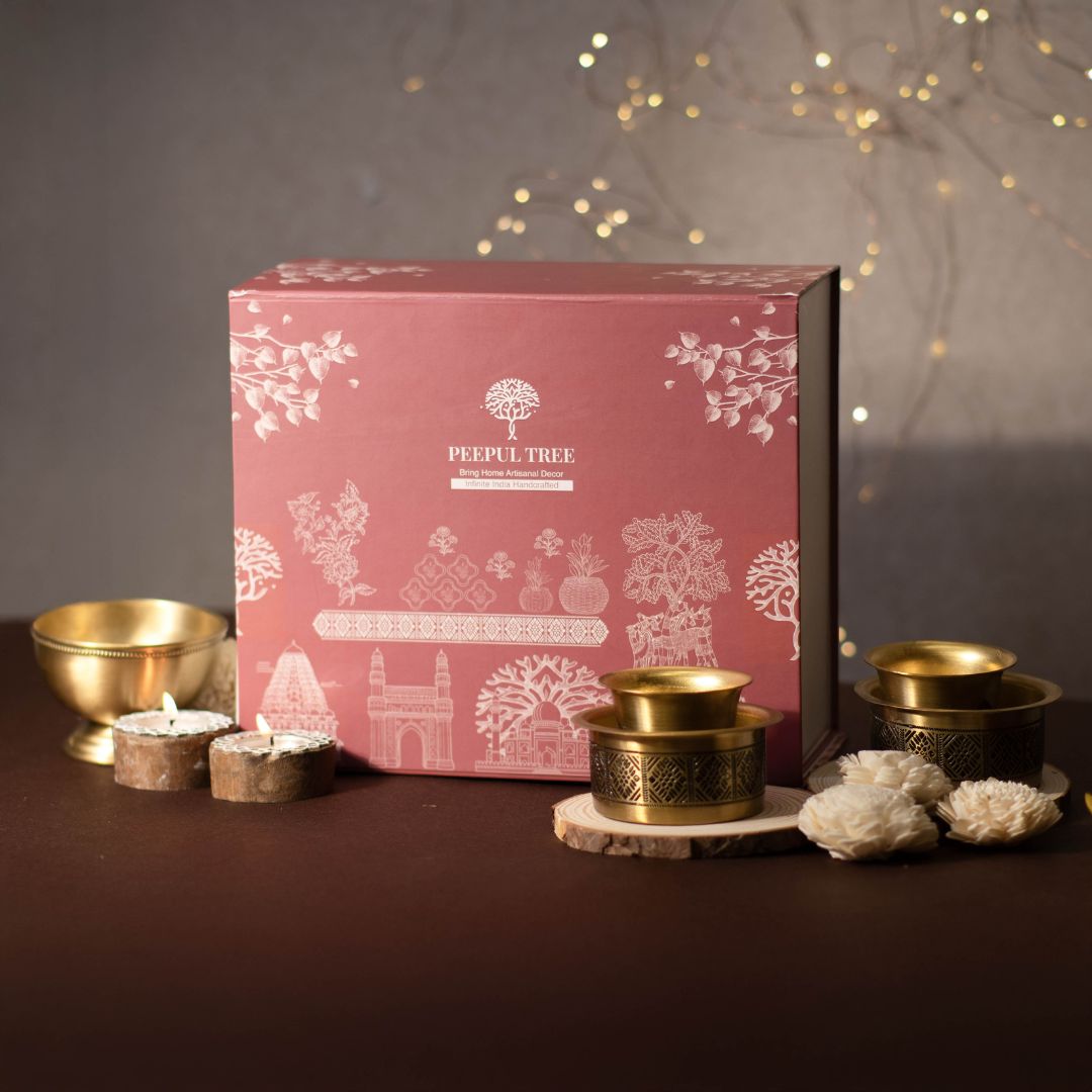 2 Brass Coffee Dabara Set & Brass Kitchen Serving Bowl & 2 Circular Hand engraved Candleholders . A premium gift for friends and family.