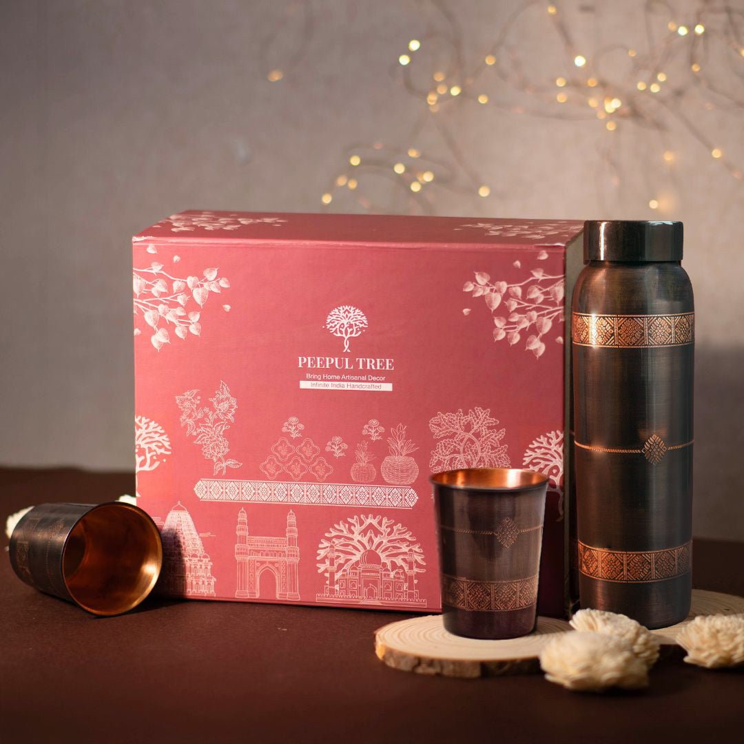 Pure Copper Water Bottle Set - Copper Bottle with 2 Glass. A premium gift for friends and family.