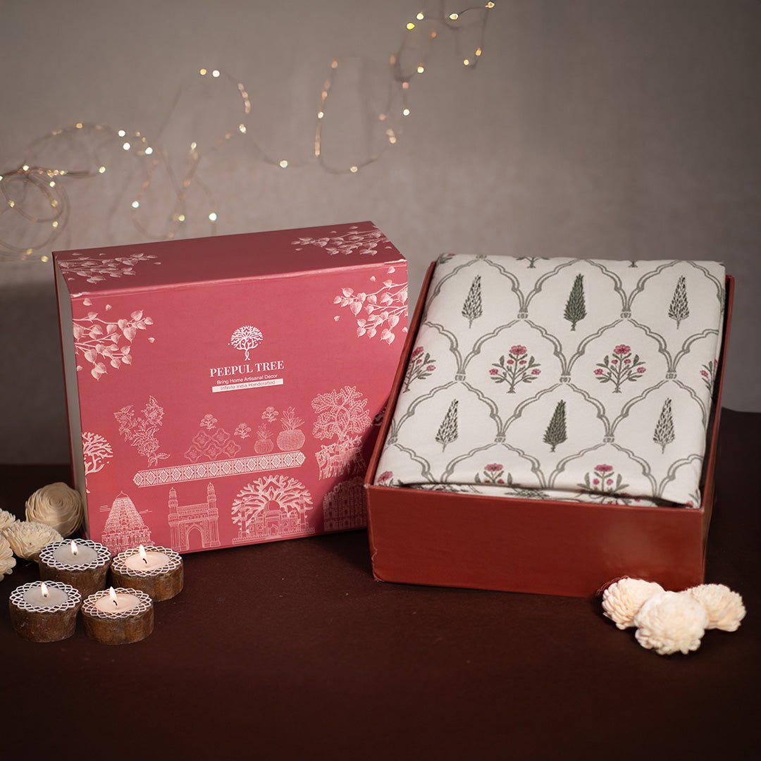 Pink Pure Cotton Double Bed sheet set in Cypress design & 4 Hand engraved Candleholders. A premium gift for friends and family.