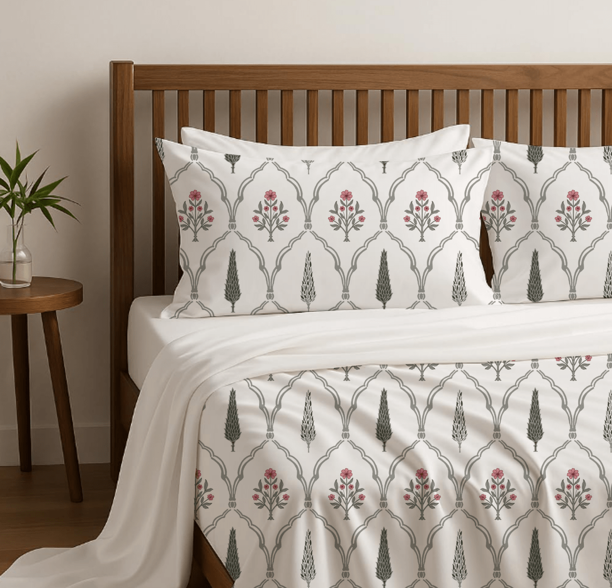 Pink Pure Cotton Double Bed sheet set in Cypress design & 4 Hand engraved Candleholders. A premium gift for friends and family.