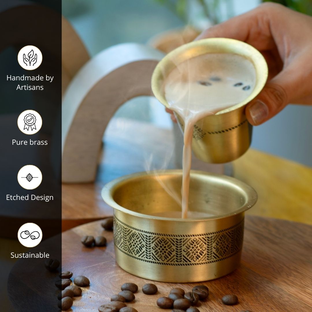 Two pure brass etched Kitchen Containers and Two Brass Coffee Dabara Sets. A premium gift for friends and family.