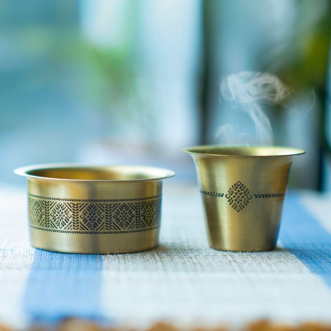 Two pure brass etched Kitchen Containers and Two Brass Coffee Dabara Sets. A premium gift for friends and family.