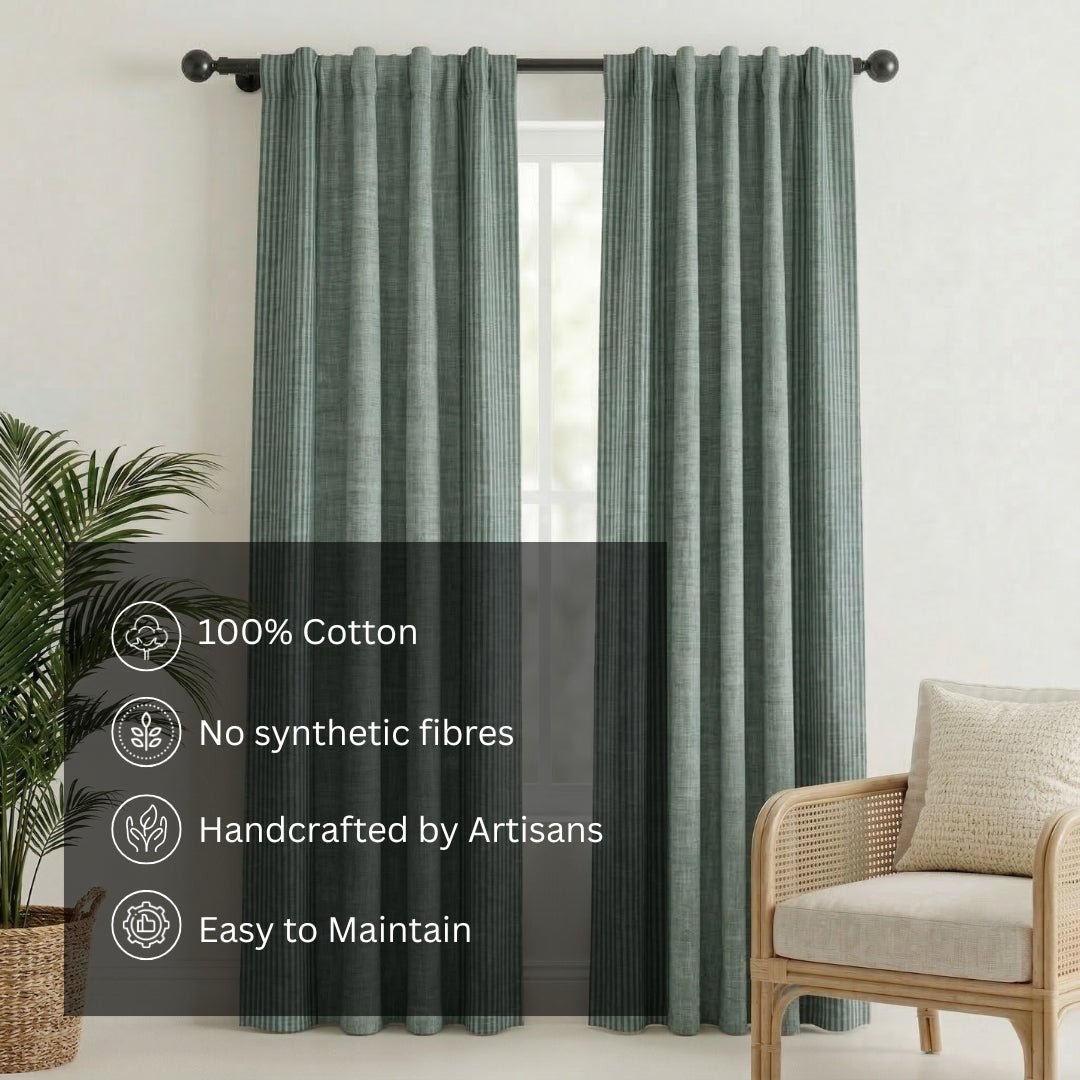 Pure Cotton Semi Blackout Curtains in Green colour with 60% light blocking | Best curtains for living room
