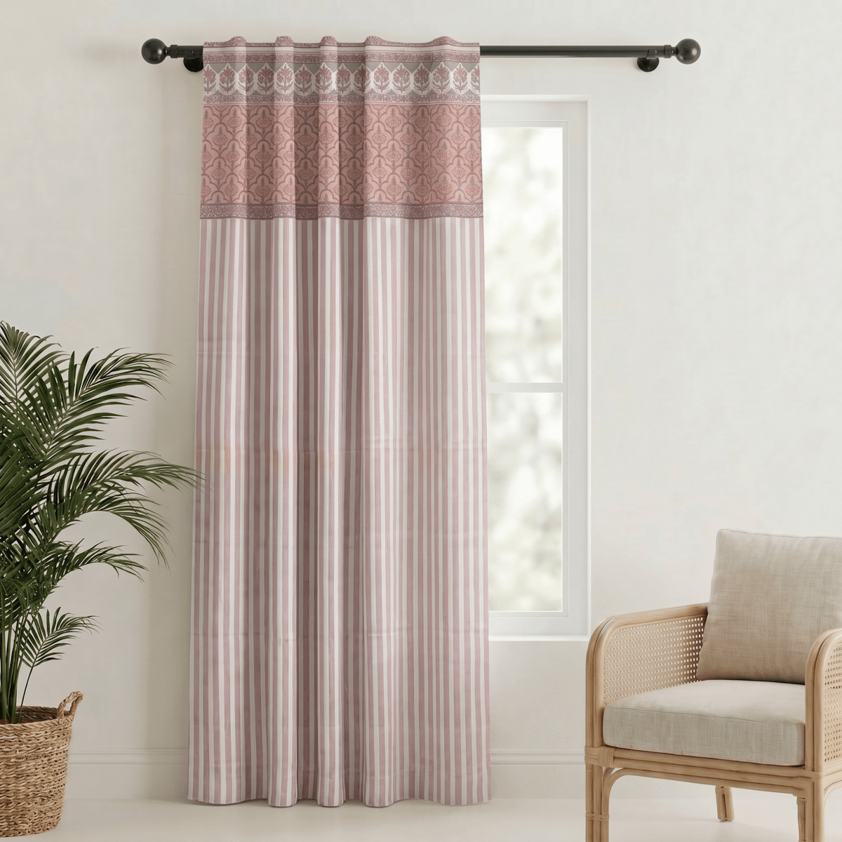 Door Curtain in Dusty Pink and Off white in Pure Cotton with Ornate florals and Bold Stripes | 7 Feet | Semi Blackout with 70% light blocking