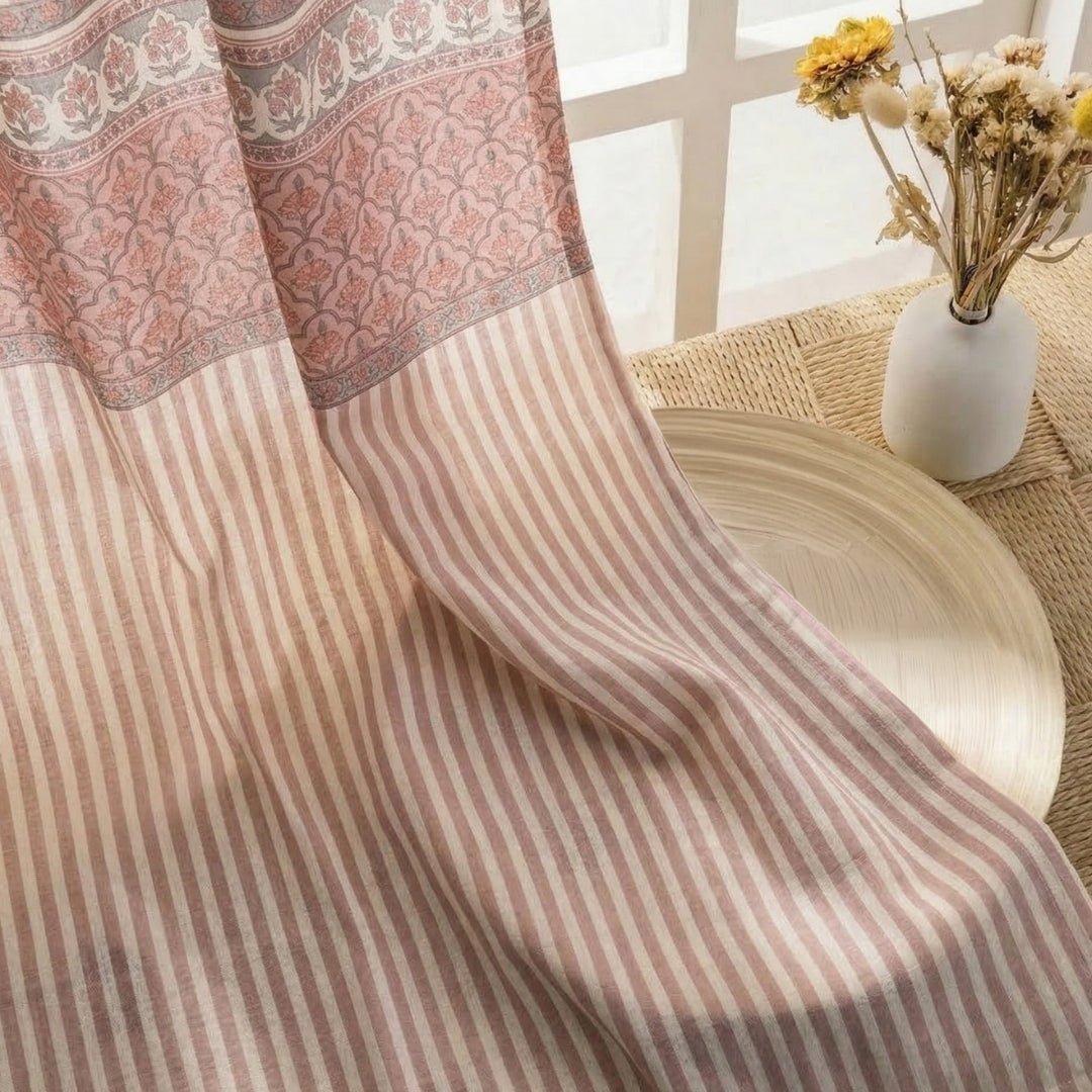 Door Curtain in Dusty Pink and Off white in Pure Cotton with Ornate florals and Bold Stripes | 7 Feet | Semi Blackout with 70% light blocking