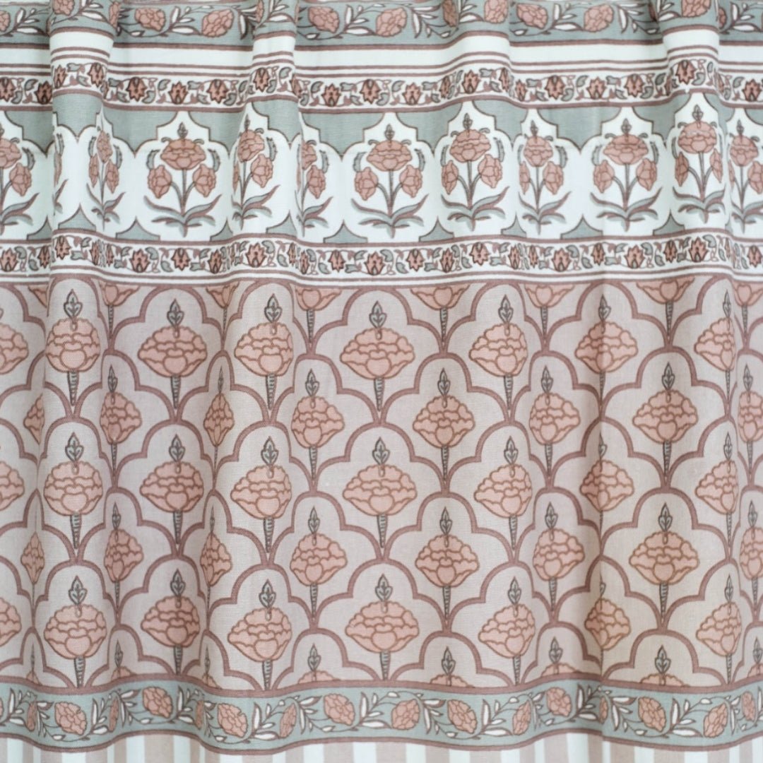 Door Curtain in Dusty Pink and Off white in Pure Cotton with Ornate florals and Bold Stripes | 7 Feet | Semi Blackout with 70% light blocking