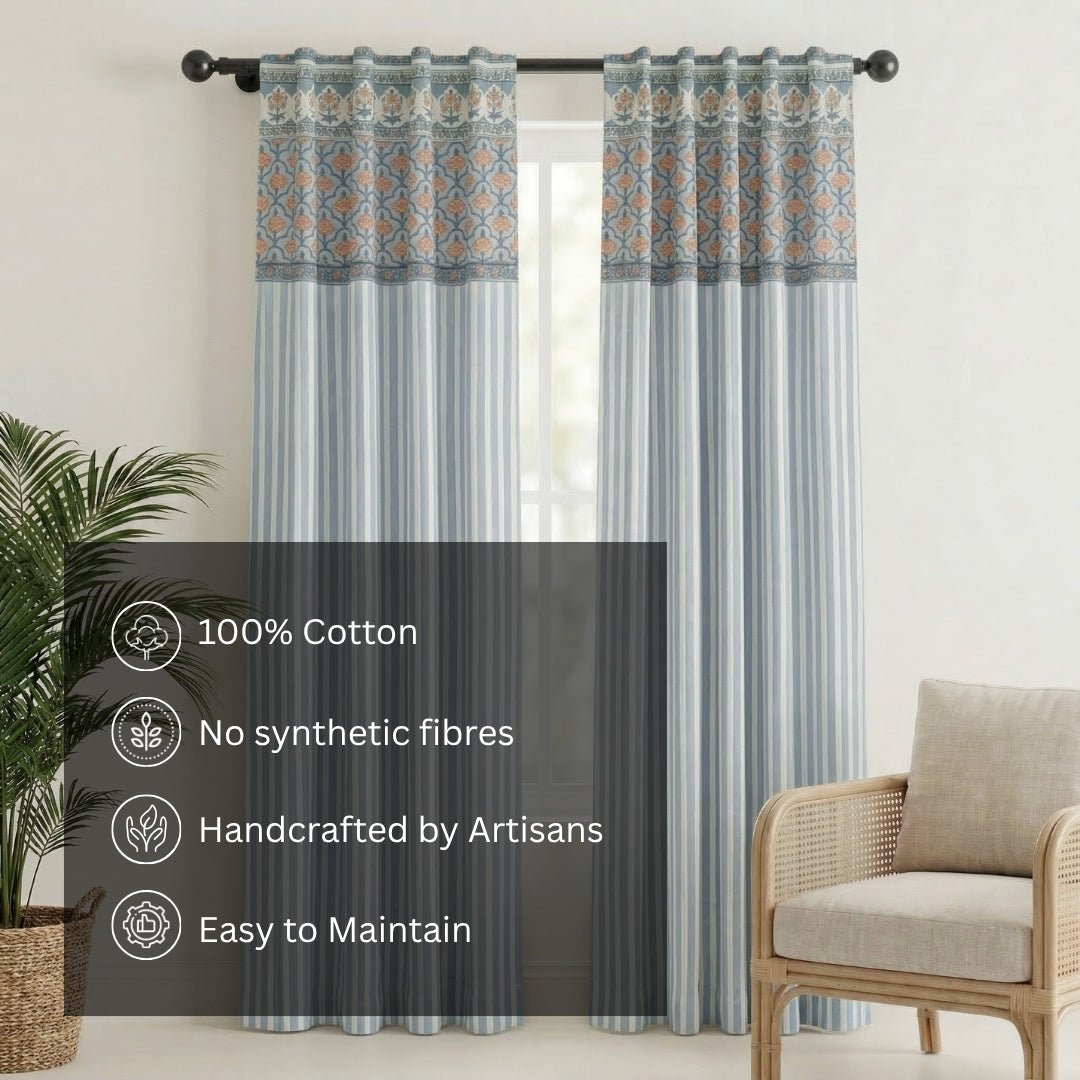 Pure Cotton Curtains in soft blue colours, available in 7ft.